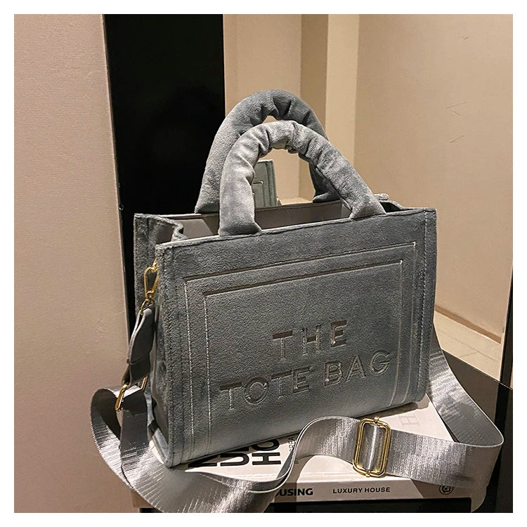 Women's Khaki Velour Tote Bag Original Letter Print Shopper Handbag