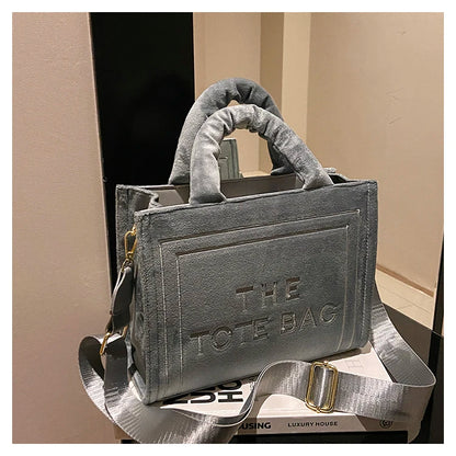 Women's Khaki Velour Tote Bag Original Letter Print Shopper Handbag