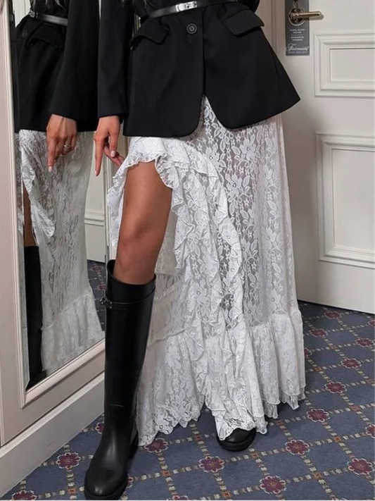 Lace Skirt Transparent Maxi Lace Skirts for Women Asymmetrical Ruffle Lace Skirt