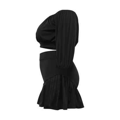Plus Size Women's Set Long Sleeve Slash Neck T-Shirt and Shorts Summer Two 2 Piece Set