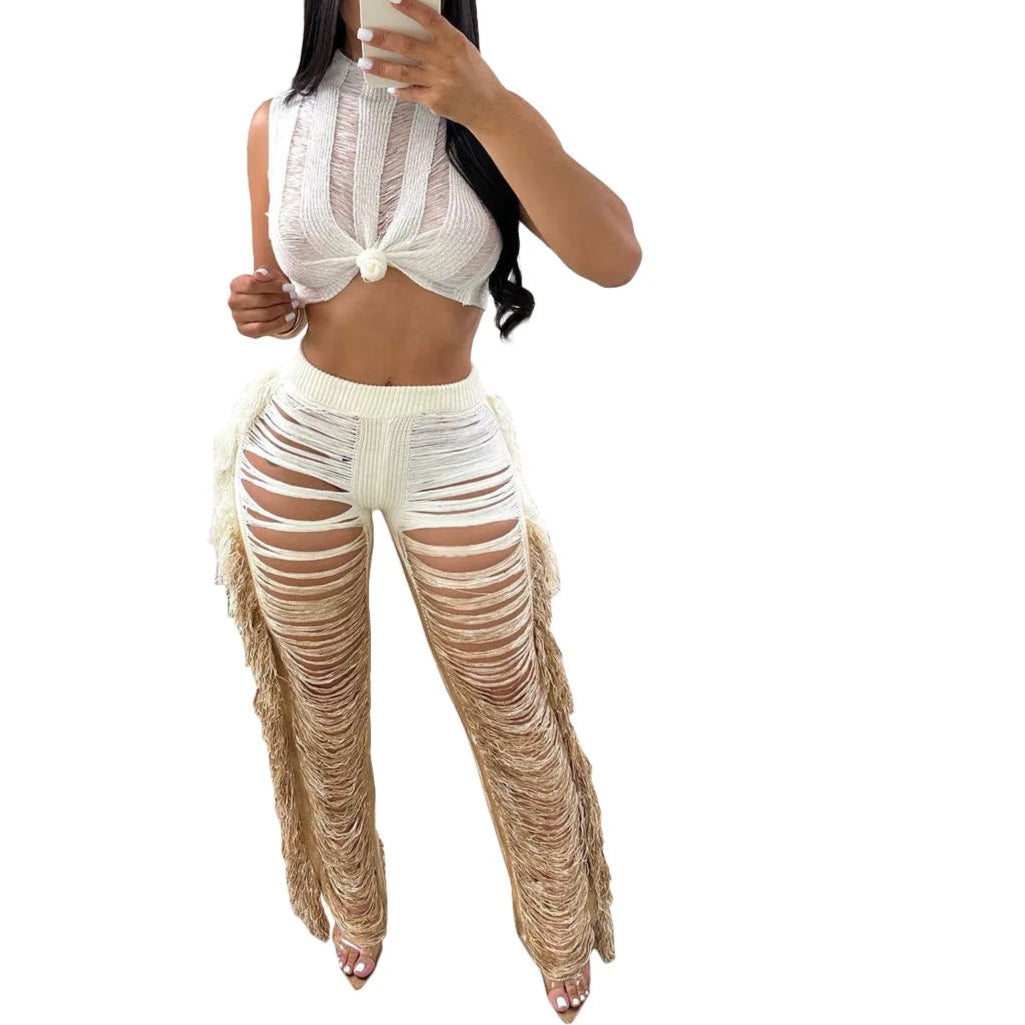 Two Piece Pant Sets Women Sexy Tanks Sleeveless Spliced Hollow Out Beach Vacation Outfit