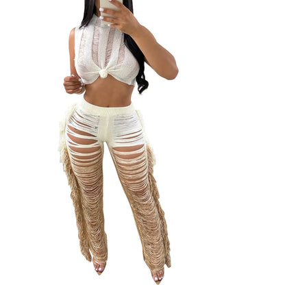 Two Piece Pant Sets Women Sexy Tanks Sleeveless Spliced Hollow Out Beach Vacation Outfit