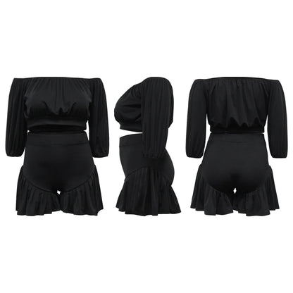 Plus Size Women's Set Long Sleeve Slash Neck T-Shirt and Shorts Summer Two 2 Piece Set