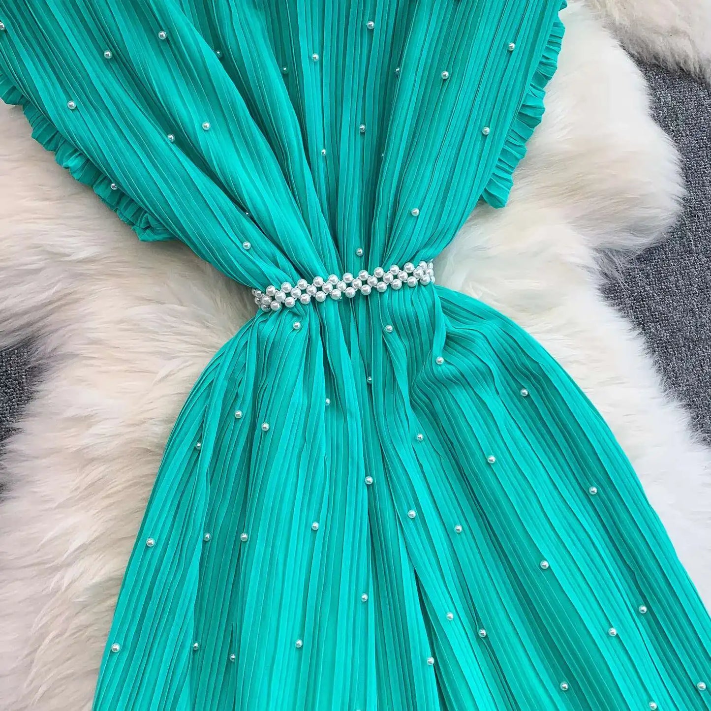 Summer Luxury Pearls Long Chiffon Dress For Women Loose Big Size Short Sleeve Crystal Birthday Evening Midi Pleated Dresses