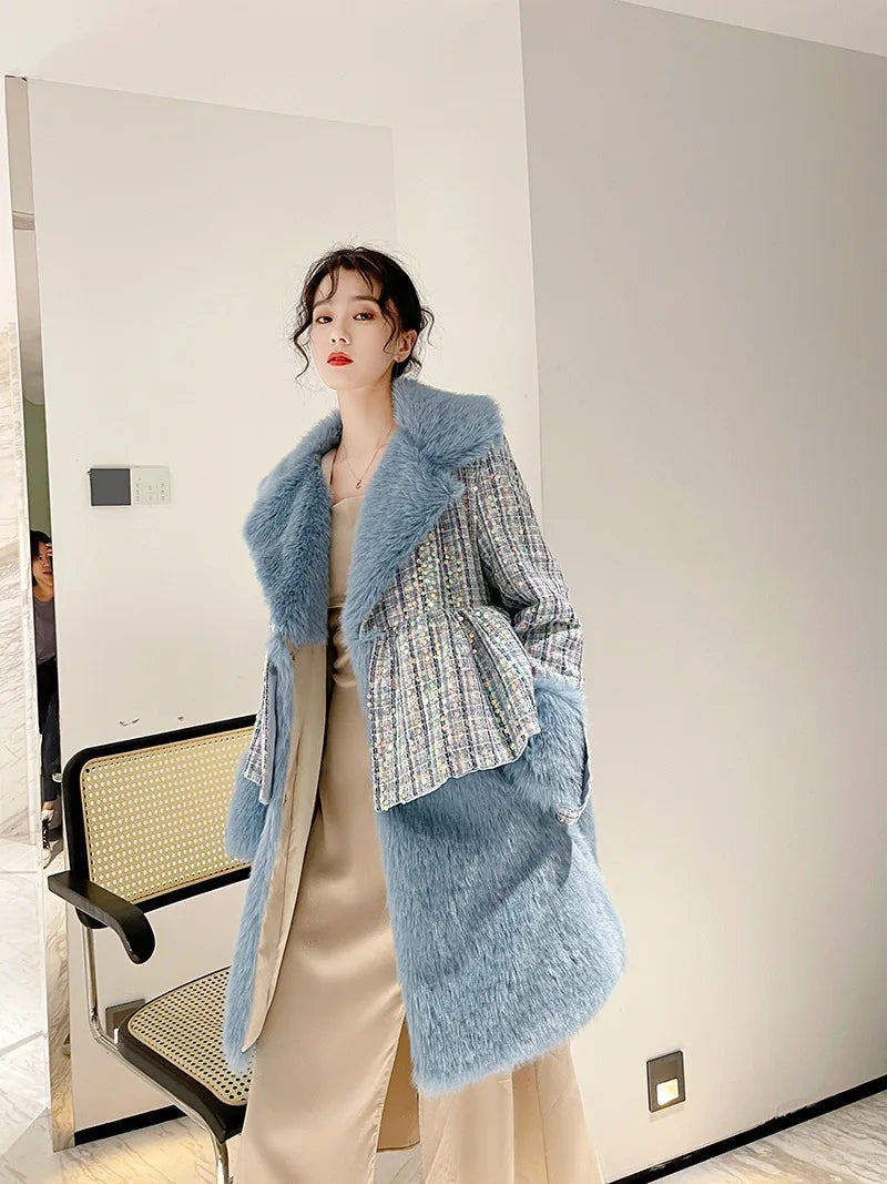 Winter Fur Coat Women Luxury Sequined Wool Faux Fur Long Jacket Fluffy Overcoat