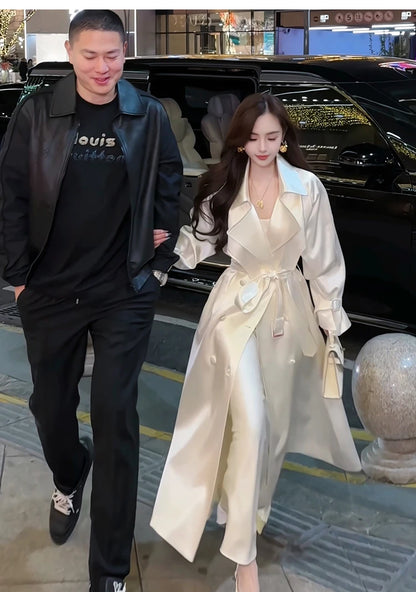 Long Flowy Shiny White Trench Coat for Women Double Breasted Design