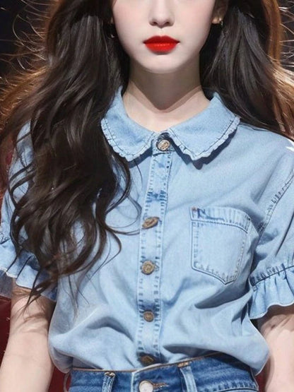 Women Blouse Peter Pan Collar Puff Sleeve Single Breasted Shirt