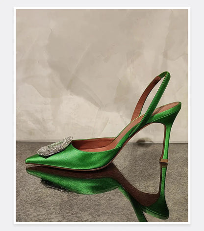 Oval Rhinestone Buckle Toe Sandals Pointed Thin Heel Hollow Banquet High Heels