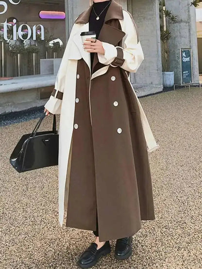 Color Block Trench Coat Double Breasted Patchwork Windbreaker Trench Coat