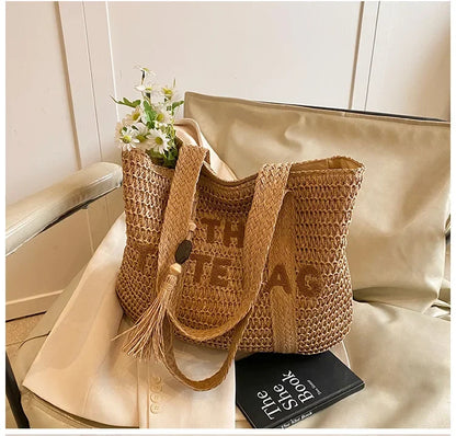 Women's Large Capacity Shoulder Bag Straw Woven Bag Letter Embroidery Handbag