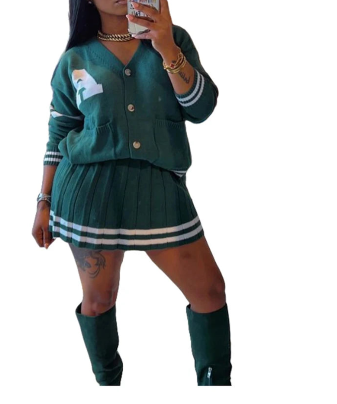 Knit Pleated Sweater Skirts 2 Two Piece Set Letter Button Cardigan With Matching Mini Skirt Sets