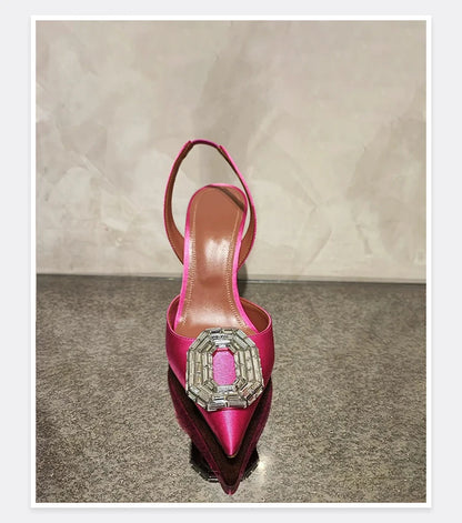 Oval Rhinestone Buckle Toe Sandals Pointed Thin Heel Hollow Banquet High Heels