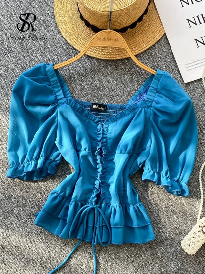 French Style Chiffon Blouse Square Neck Short Sleeves Ruffles Lace Up Beach Top