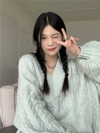 Harajuku Women Sweater Cute Oversized Knitted Pullover V Neck Sweater