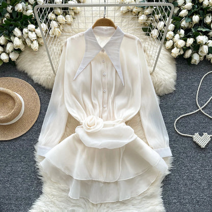 3D Floral Vintage Shirt Women Lapel Neck Long Sleeves Sheer Bohemian Organza Blouse