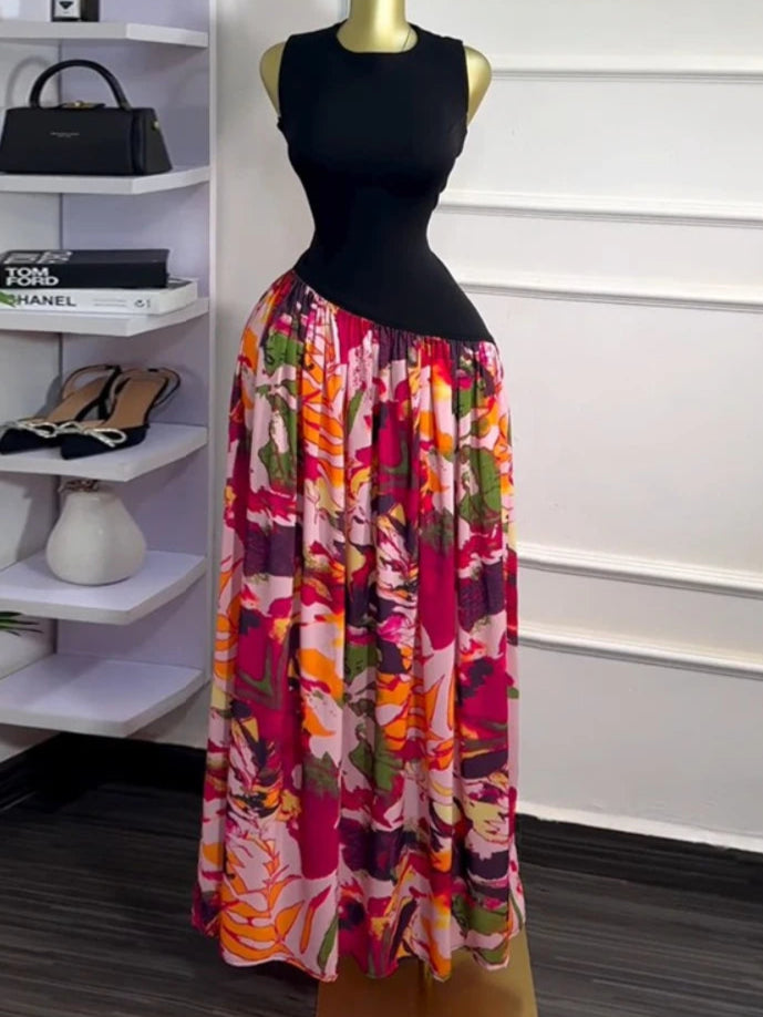 Sleeveless ashes Maxi Dress Printed Patchwork Tank Long Maxi Dress