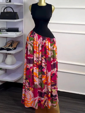 Sleeveless ashes Maxi Dress Printed Patchwork Tank Long Maxi Dress