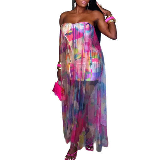 Women Sleeveless Tie Dye Print Strapless Mesh Bodycon Maxi Dress