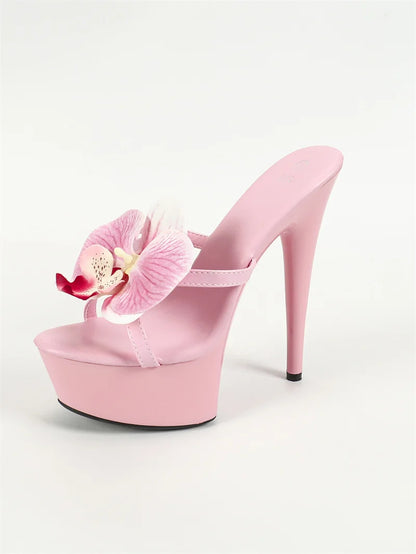 Sexy Pink High Heels For Woman Flowers Open Toe Party Stripper Shoes Platform Sandals