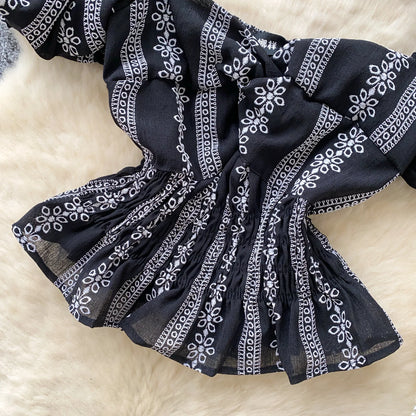 Jacquard Blouse Square Collar Puff Sleeves Elastic Slim Crop