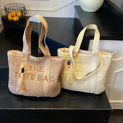 Women's Large Capacity Shoulder Bag Straw Woven Bag Letter Embroidery Handbag