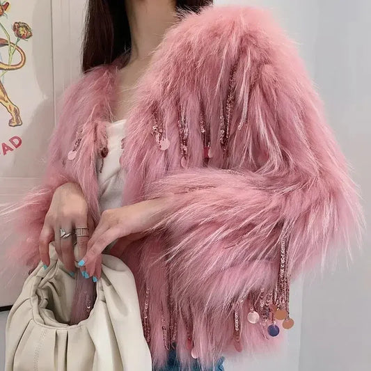 Faux Fur Grass Sequined Tassels Coat Women's Short Beaded Fringed Bomber Jacket