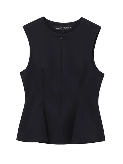 Women Solid Zipper Vintage Causal Sleeveless O Neck Tank Blouse Slim Pleated Vest Blouse High Street Folds Top