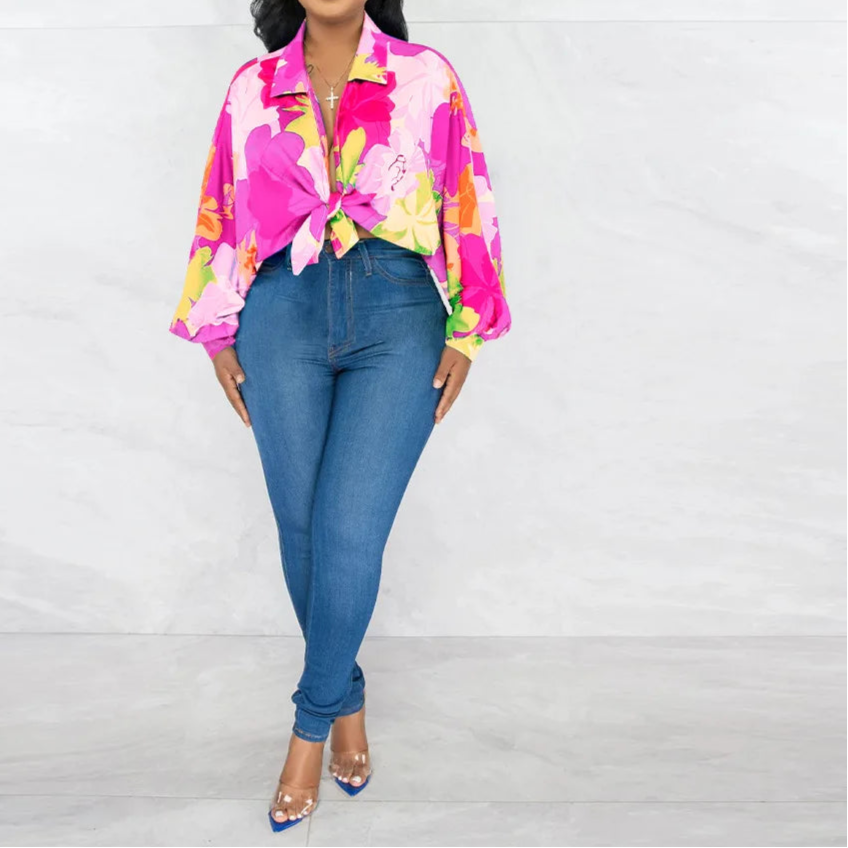 Women's Printed Shirts V-neck Cover Belly Style Top