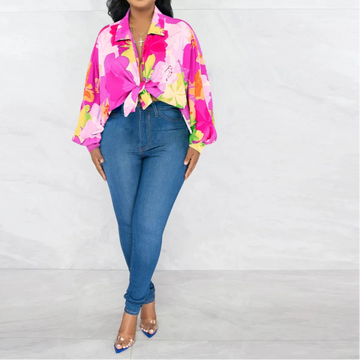 Women's Printed Shirts V-neck Cover Belly Style Top