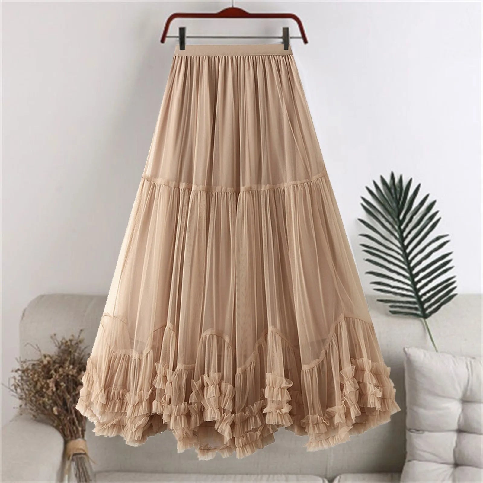 Women Layered Tulle Elastic Waist Mid Length High Waist Mesh Skirt