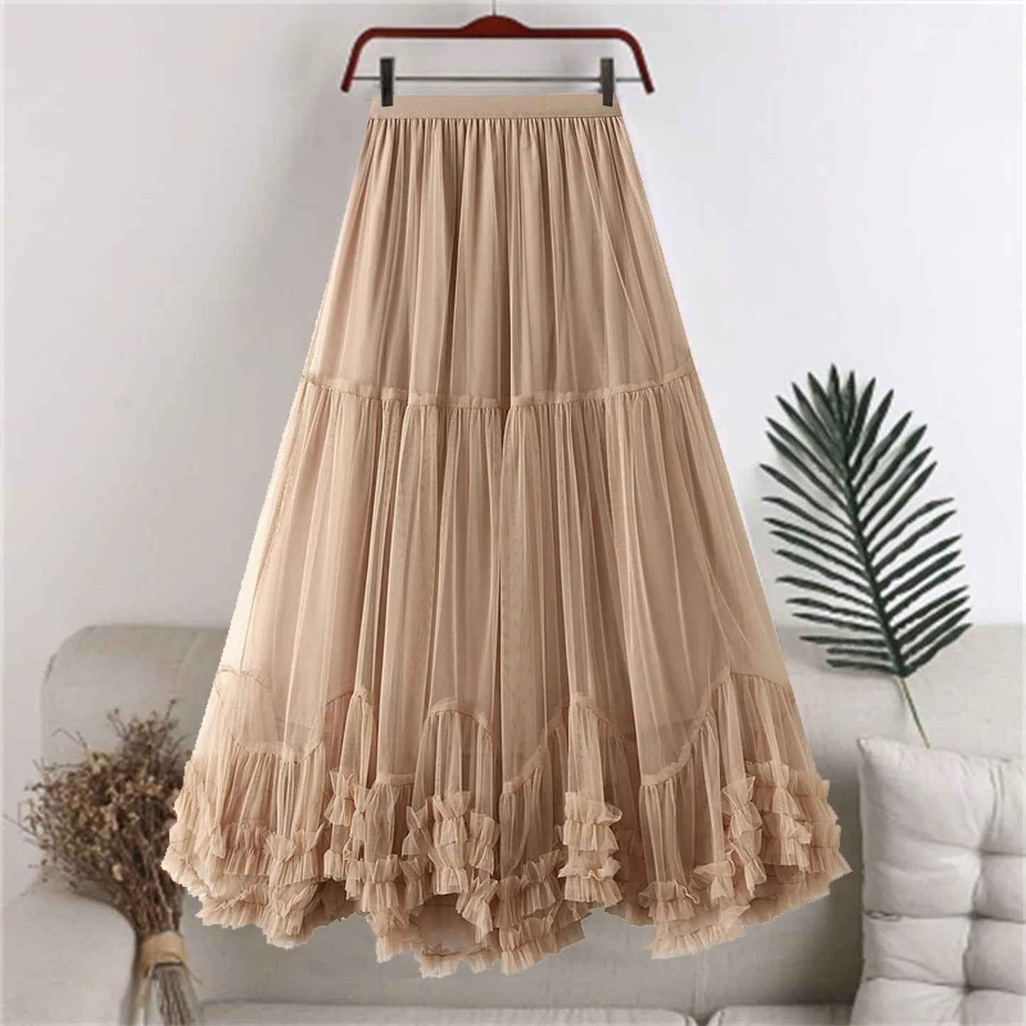 Skirts For Women Ladies A Line Layered Tulle Elastic Waist Midi Length High Waist Solid Mesh Skirt