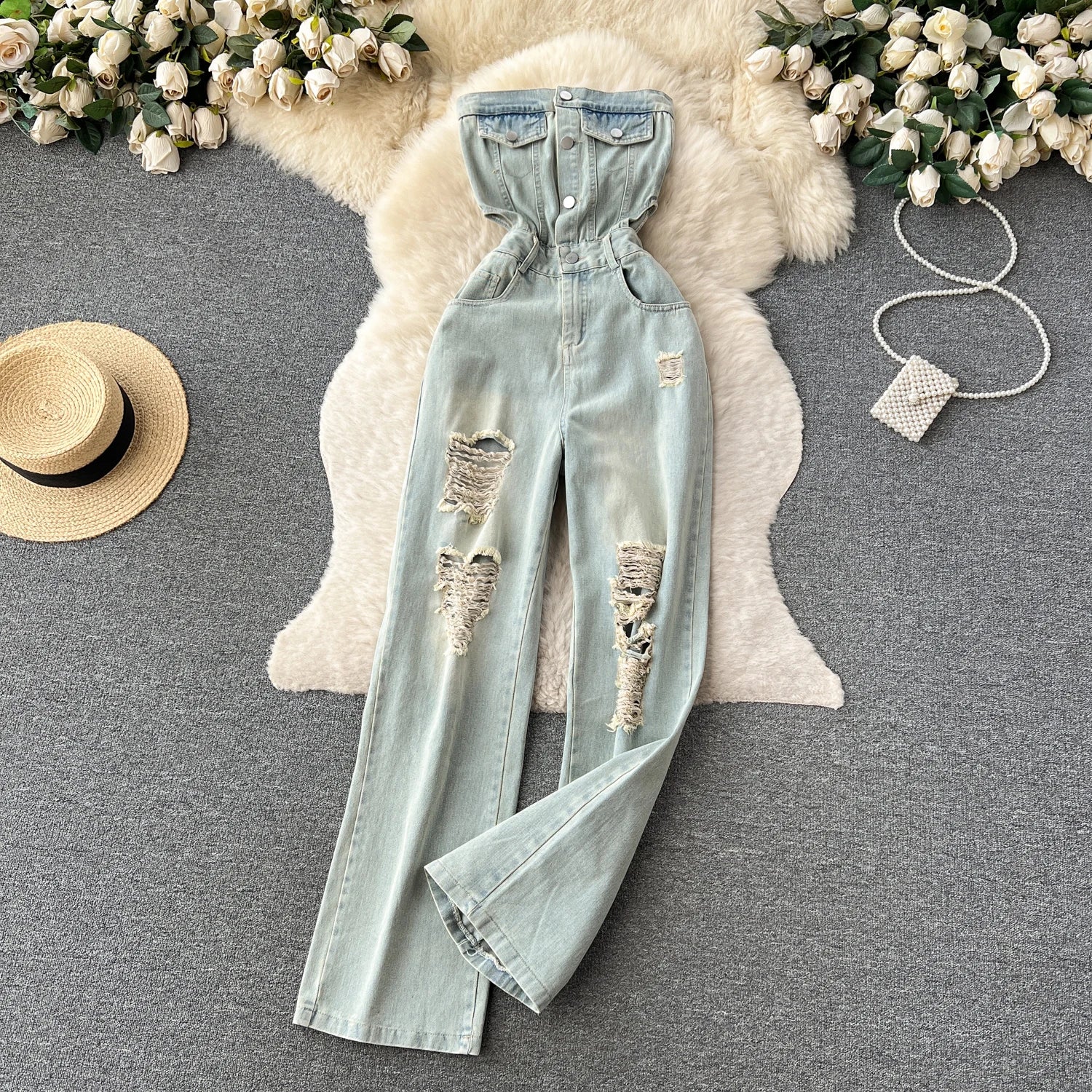 American Retro Streetwear Women Denim Wide Leg Jumpsuit
