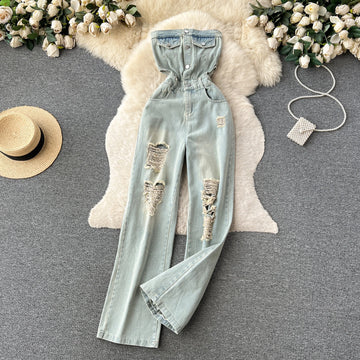 American Retro Streetwear Women Denim Wide Leg Jumpsuit
