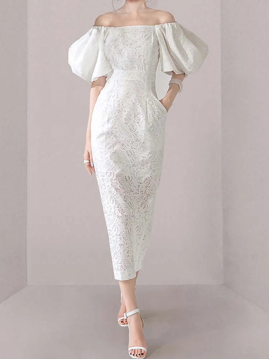 Women's White Midi Dress Elegant Lace One-Piece Collar Lantern Sleeve Hip Hugging Dress