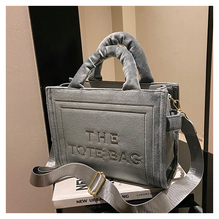 Women's Khaki Velour Tote Bag Original Letter Print Shopper Handbag