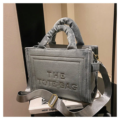 Women's Khaki Velour Tote Bag Original Letter Print Shopper Handbag