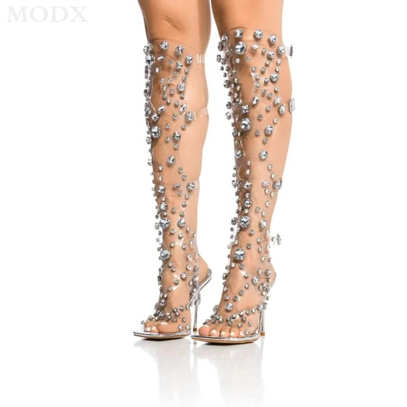 Roman Transparent Crystals Buckle High-heeled Sandal Boots
