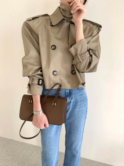 Vintage Double Breasted Crop Jacket Trench Jackets Women Loose Chic Windbreaker