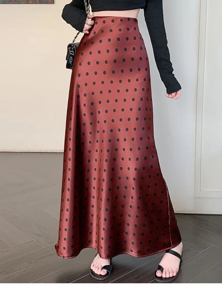 Polka Dot Satin Skirt Women's High Waist Versatile Elegant Dot Long Skirt