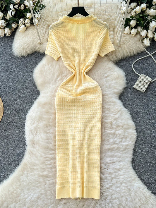 Workwear Elastic Knitted Dress Women Short Sleeves Single Breasted Sweater Dress