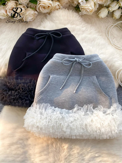 Women Drawstring Big Pocket Club Sexy Mini Skirt