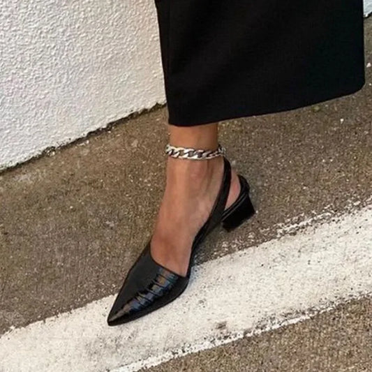 Women's Pointed Toes Pumps Mid Chunky Heels Slingback Sandals Shoes Vintage Woman Sandals