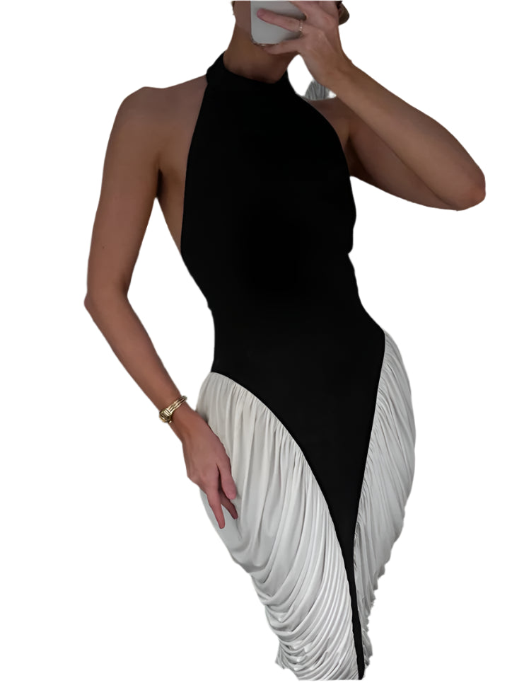 Patchwork Halter Backless Sexy Midi Dress Women Gown Elegant Fashion Contrast Color Sleeveless Pleated Long Dress