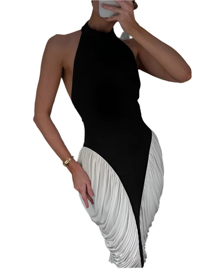 Patchwork Halter Backless Sexy Midi Dress Women Gown Elegant Fashion Contrast Color Sleeveless Pleated Long Dress