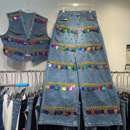Sequined Denim Rhinestones Jeans Sleeveless Cowboy Vest + Jeans Pants