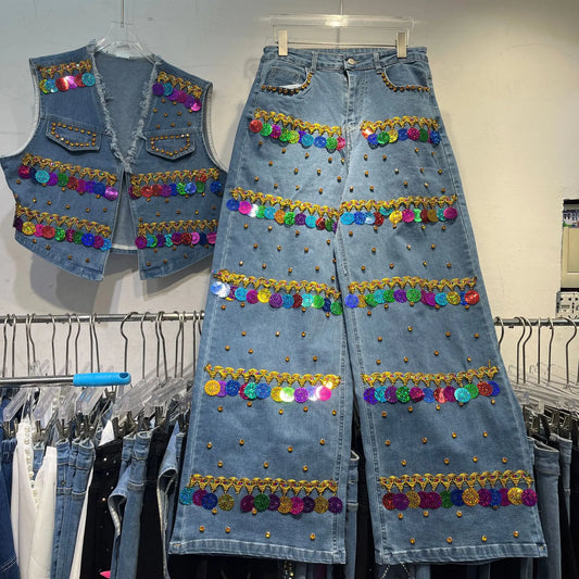 Sequined Denim Rhinestones Jeans Sleeveless Cowboy Vest + Jeans Pants