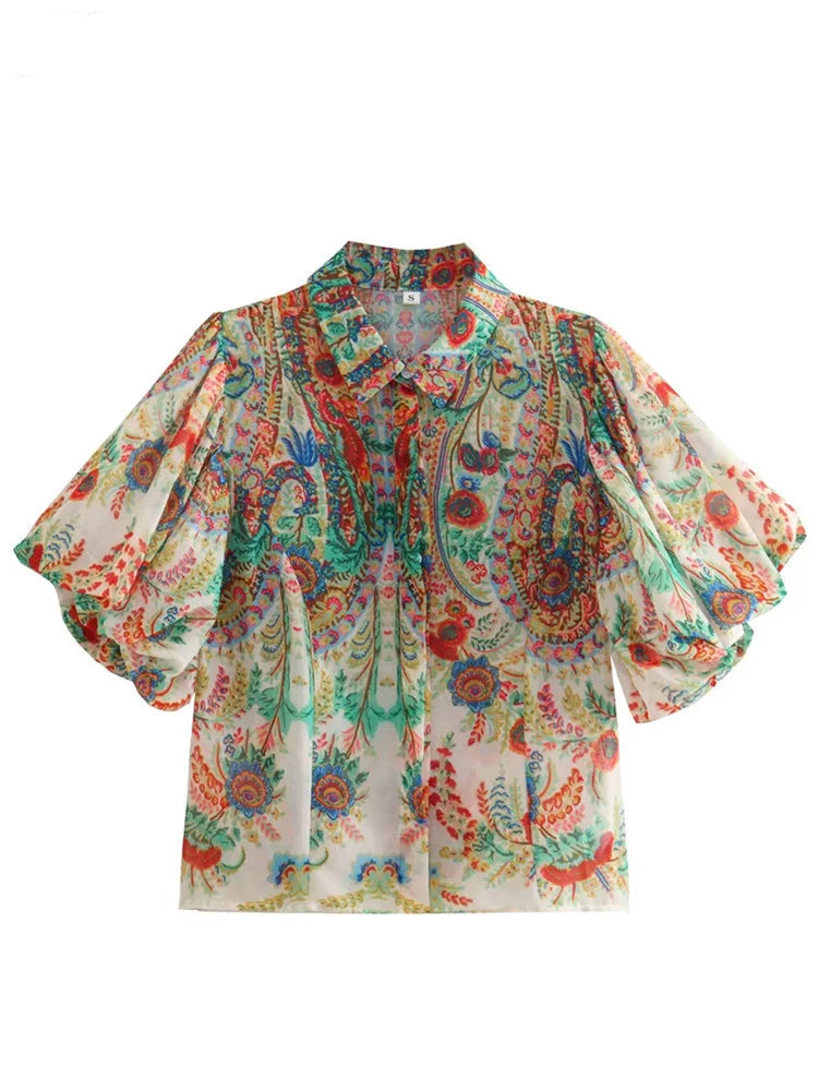 Women Vintage Totem Flower Print Pleated Puff Sleeve Blouse Breasted Shirt