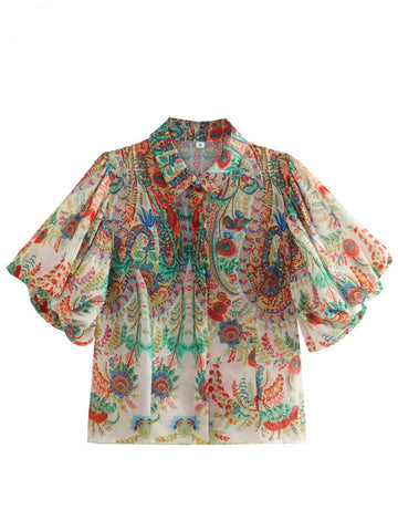 Women Vintage Totem Flower Print Pleated Puff Sleeve Blouse Breasted Shirt