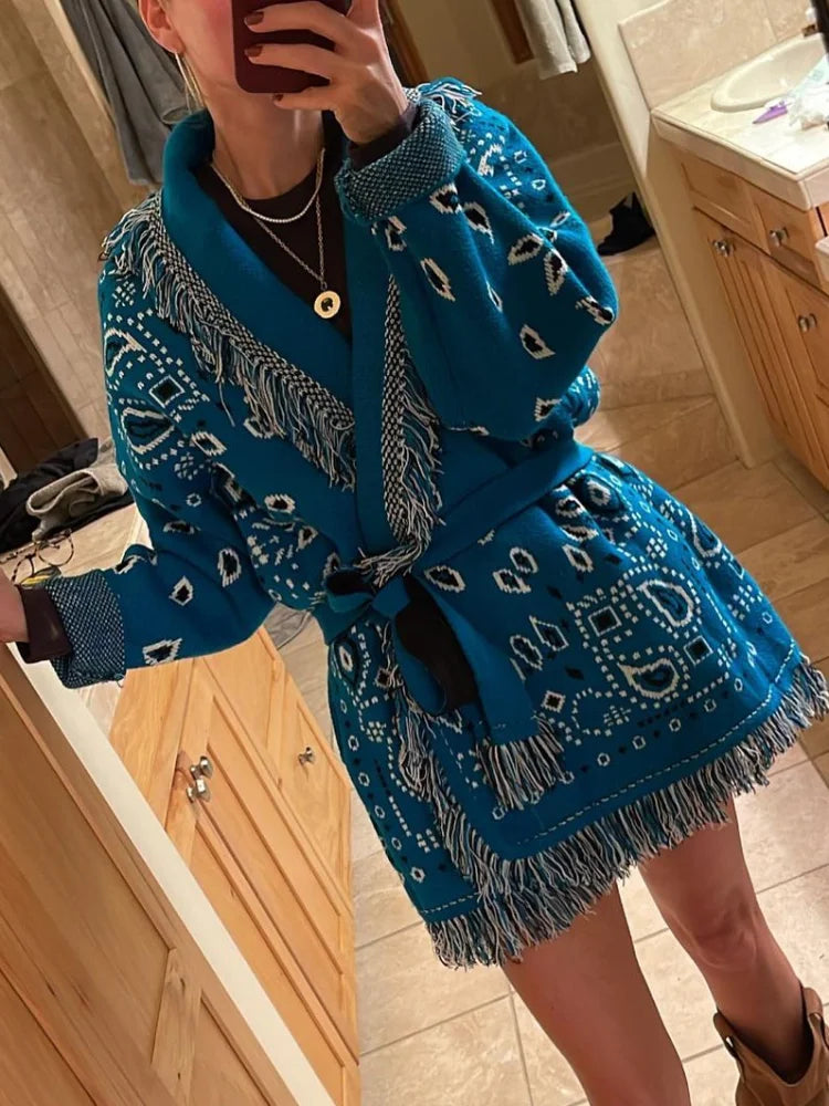 Bohemian Fringed Knitted Cardigan Paisley Long Sleeve Turn-down Collar Belted Vintage Coat