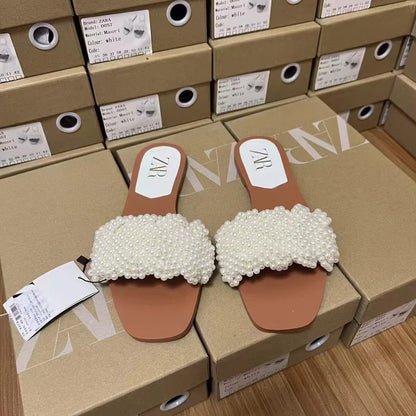 Women's White Pearl Weaving Flat Sandals